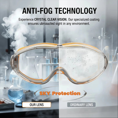 Orange safety glasses with clear anti-fog, splash-proof, dust-proof, windproof protective goggles for lab and industrial work.