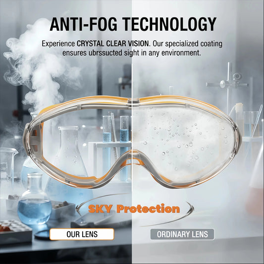 Orange safety glasses with clear anti-fog, splash-proof, dust-proof, windproof protective goggles for lab and industrial work.