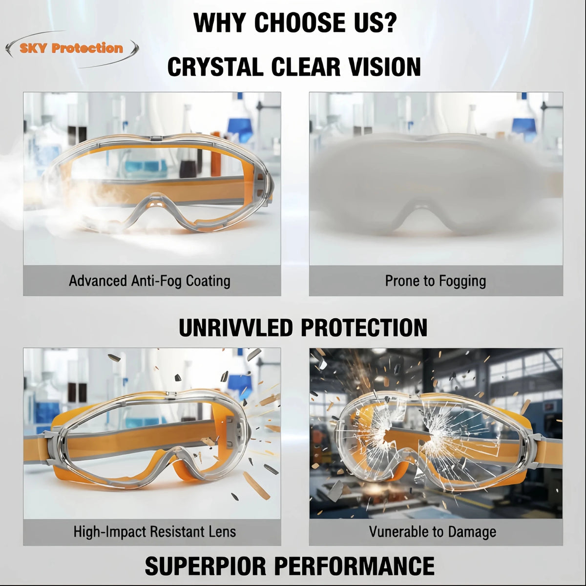 Orange safety glasses with clear lenses, anti-fog, splash-proof, dust-proof, and windproof goggles for industrial and lab use.