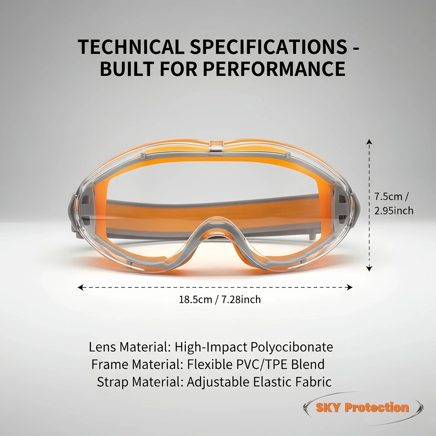Orange safety glasses with clear lenses, anti-fog, splash-proof, dust-proof, and windproof protective eyewear for industrial work and lab safety.