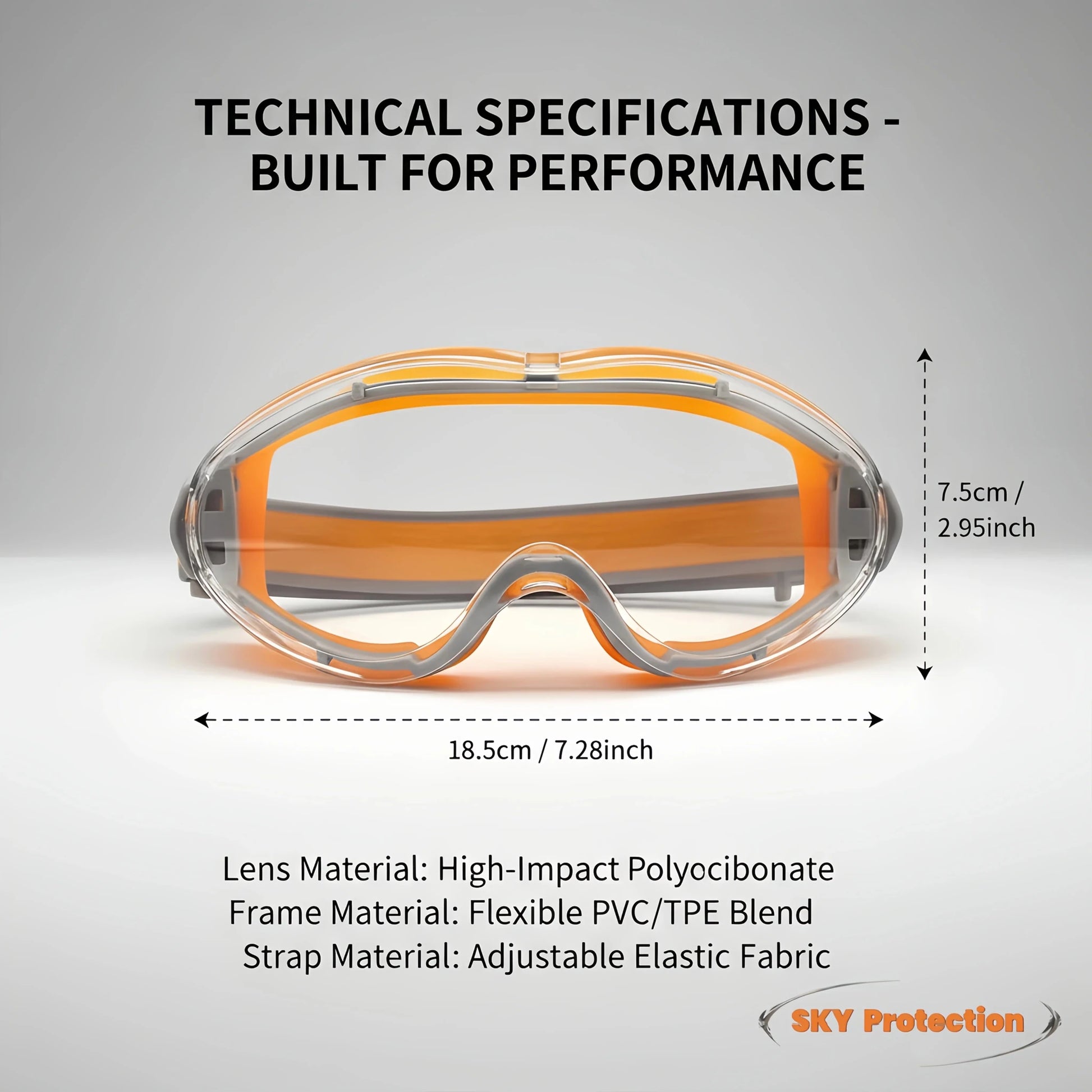 Orange safety glasses with clear lenses, anti-fog, splash-proof, dust-proof, and windproof protective eyewear for industrial work and lab safety.
