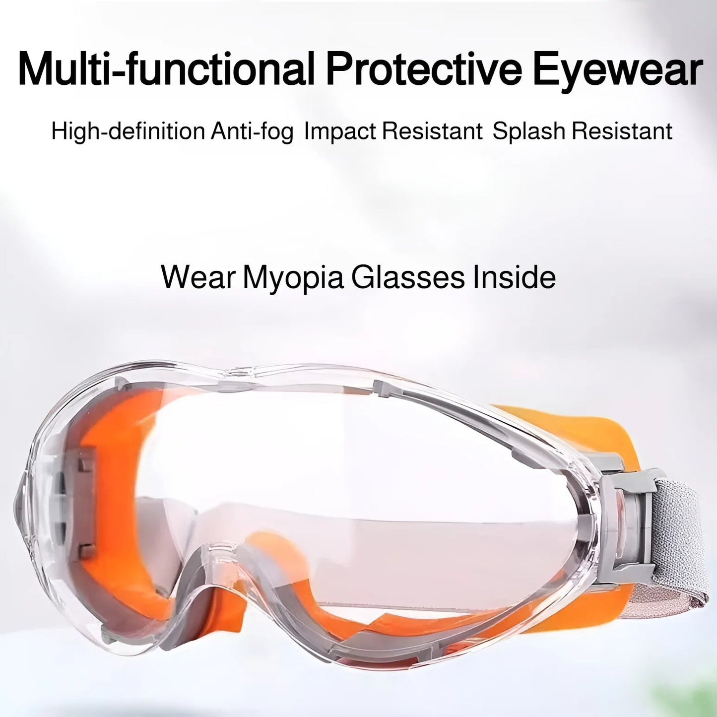 Orange safety glasses with clear lenses, anti-fog, splash-proof, dust-proof, and windproof protective eyewear for industrial work.