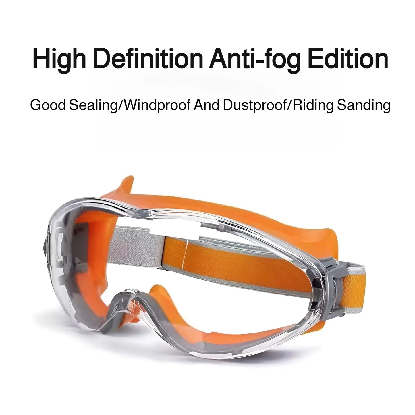 Orange safety glasses with clear lenses, anti-fog, splash-proof, dust-proof, and windproof protective goggles for industrial work.