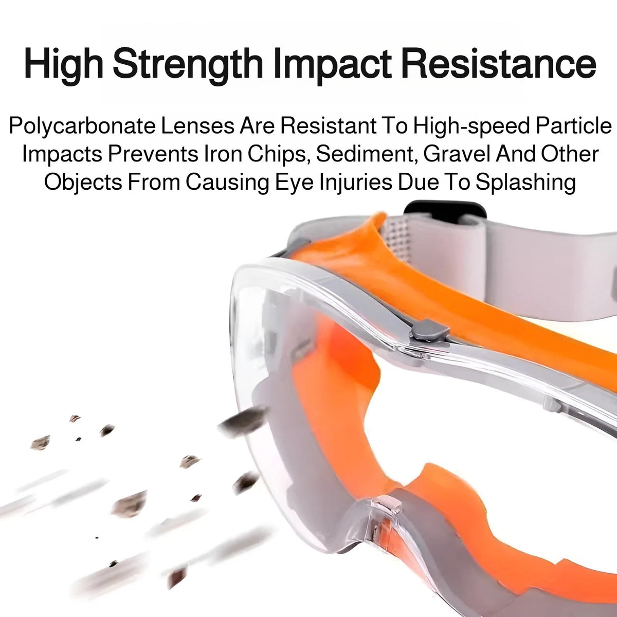 Orange safety glasses with clear lenses, anti-fog, splash-proof, dust-proof, and windproof protective eyewear for industrial work.