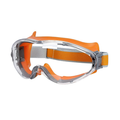 Orange safety glasses by BACKUPMYFILESNOW.COM® with clear lenses, anti-fog, splash-proof, dust-proof, and windproof protective goggles.