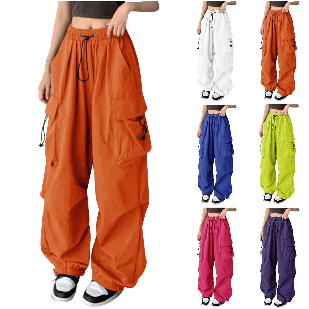 Orange camo cargo pants for women with large pockets, high waist, adjustable straight fit, baggy style, perfect for hiking and outdoor.