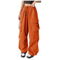 Orange camo cargo pants for women with large pockets, high waist, straight relaxed fit, and adjustable parachute-style hiking trousers.