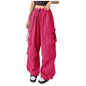 Orange camouflage cargo pants for women with large pockets, high waist, relaxed fit, and adjustable straight-leg design.