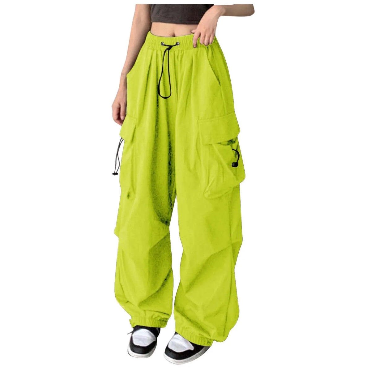Orange oversized camo cargo pants for women with large pockets, high waist, adjustable fit, straight relaxed style, suitable for hiking.
