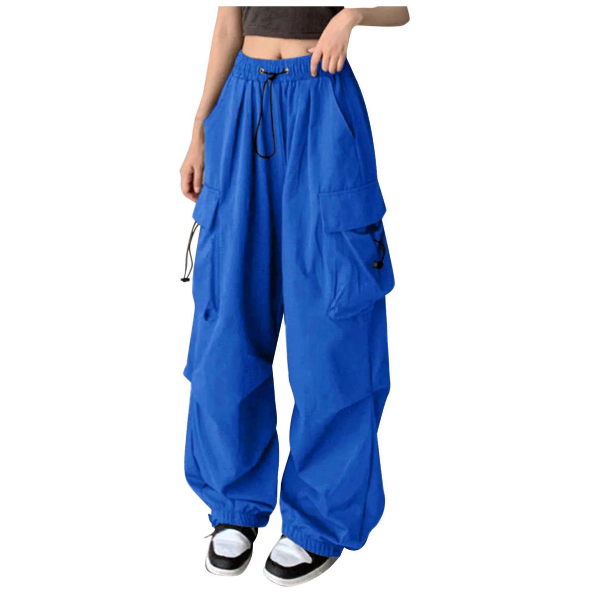 Women’s camo cargo pants by BackupMyFilesNow.com with high waist, large pockets, straight relaxed fit, and adjustable parachute style.