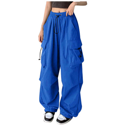 Women’s camo cargo pants by BackupMyFilesNow.com with high waist, large pockets, straight relaxed fit, and adjustable parachute style.
