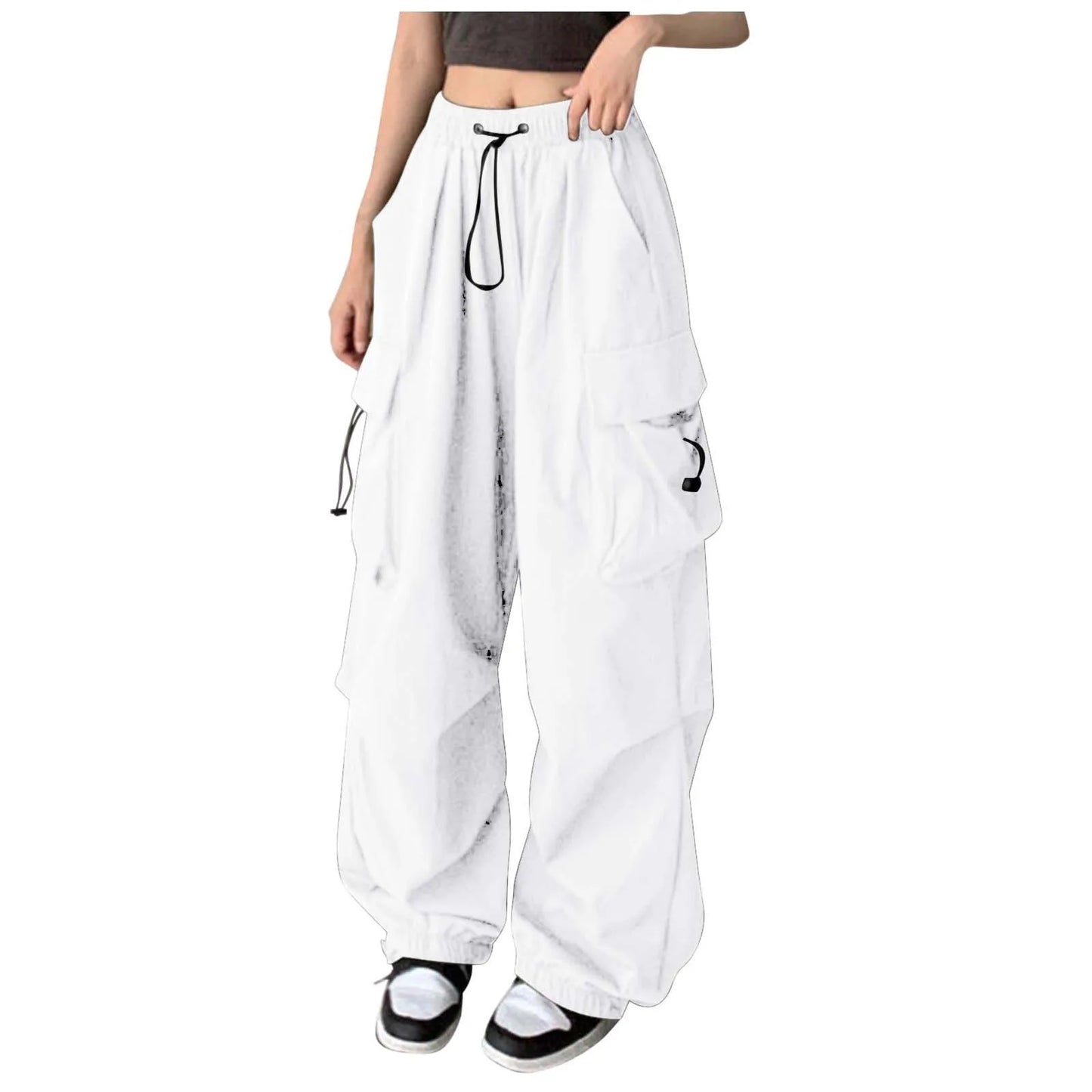 Orange camo cargo pants for women with large pockets, high waist, straight fit, and relaxed, baggy style for hiking and casual wear.