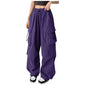 Orange oversized camo cargo pants for women with large pockets, high waist, adjustable fit, relaxed straight style, perfect for hiking.