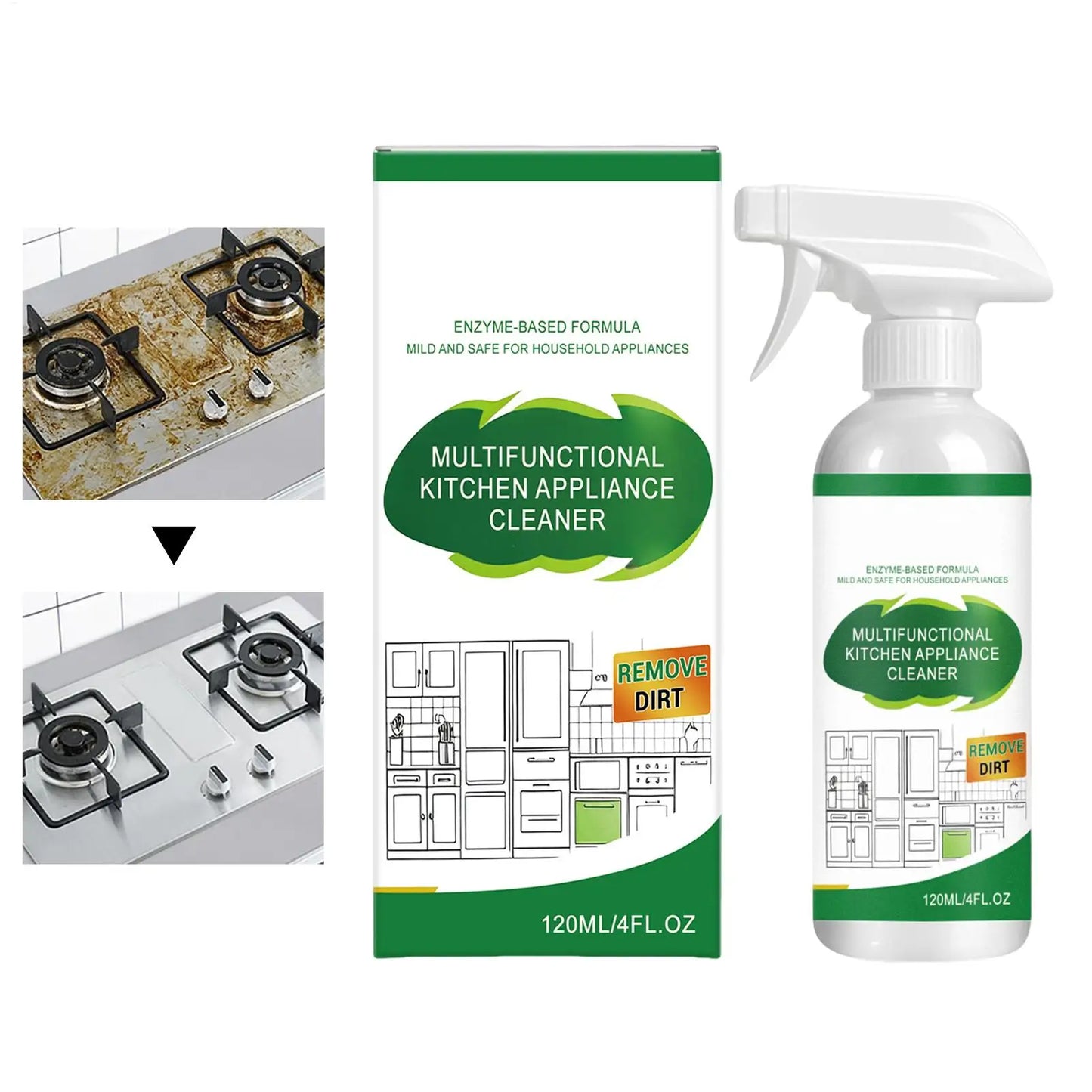 Heavy-duty appliance cleaner spray in 120ml bottle, removing grease from oven, stove, microwave, sink, and countertops.
