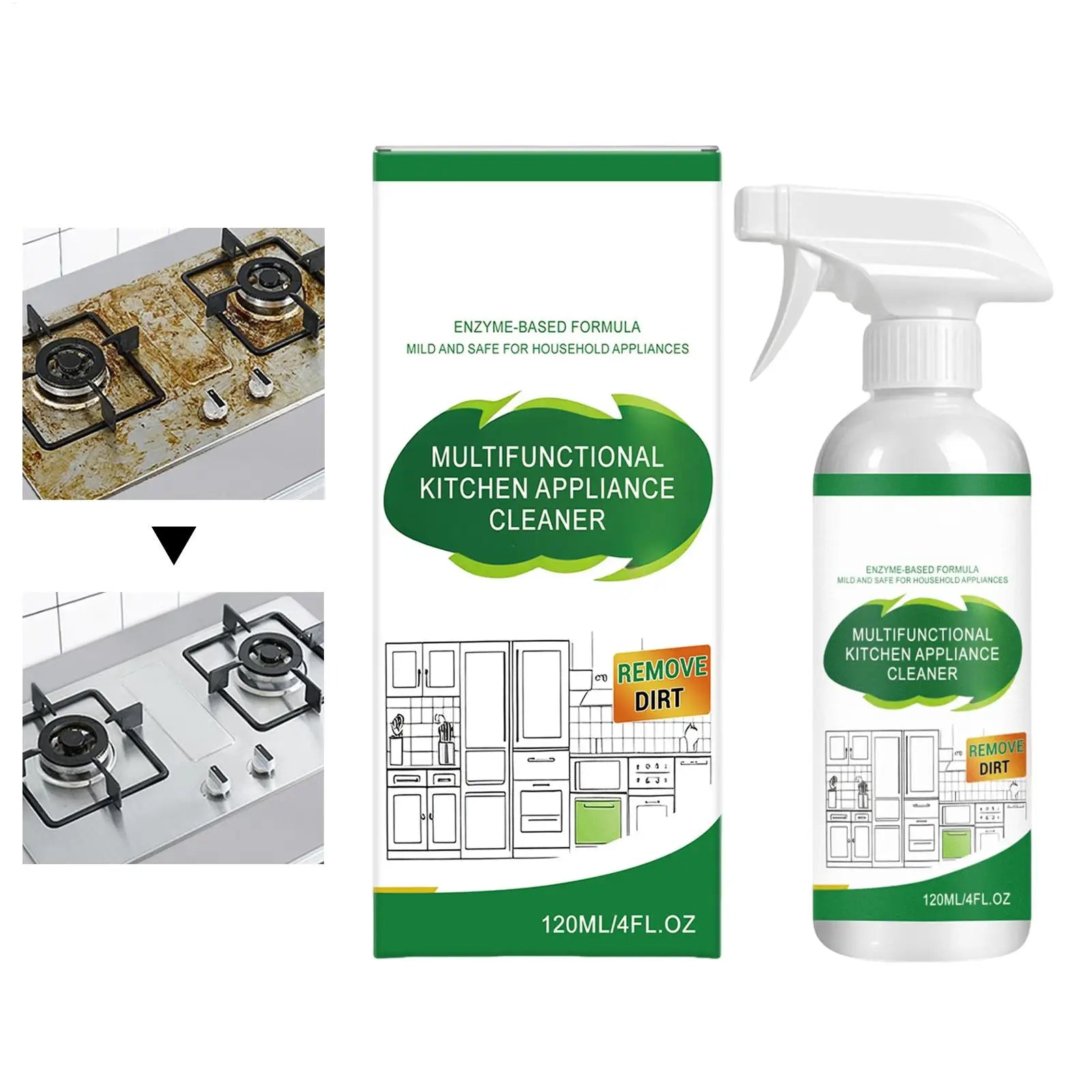 Heavy-duty appliance cleaner spray in 120ml bottle, removing grease from oven, stove, microwave, sink, and countertops.