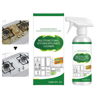 Heavy-duty appliance cleaner spray in 120ml bottle, removing grease from oven, stove, microwave, sink, and countertops.