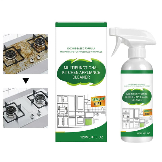 Heavy-duty appliance cleaner spray in 120ml bottle, removing grease from oven, stove, microwave, sink, and countertops.