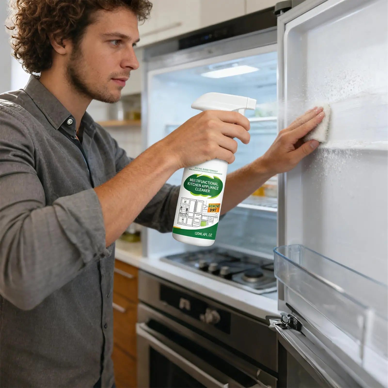BACKUPMYFILESNOW® Appliance Cleaner 120ml heavy-duty degreaser spray for kitchen appliances like oven, stove, microwave, sink, and countertops.