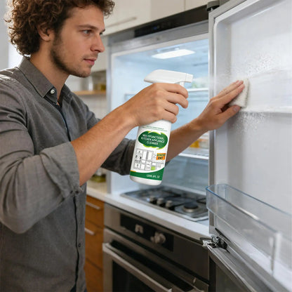 BACKUPMYFILESNOW® Appliance Cleaner 120ml heavy-duty degreaser spray for kitchen appliances like oven, stove, microwave, sink, and countertops.