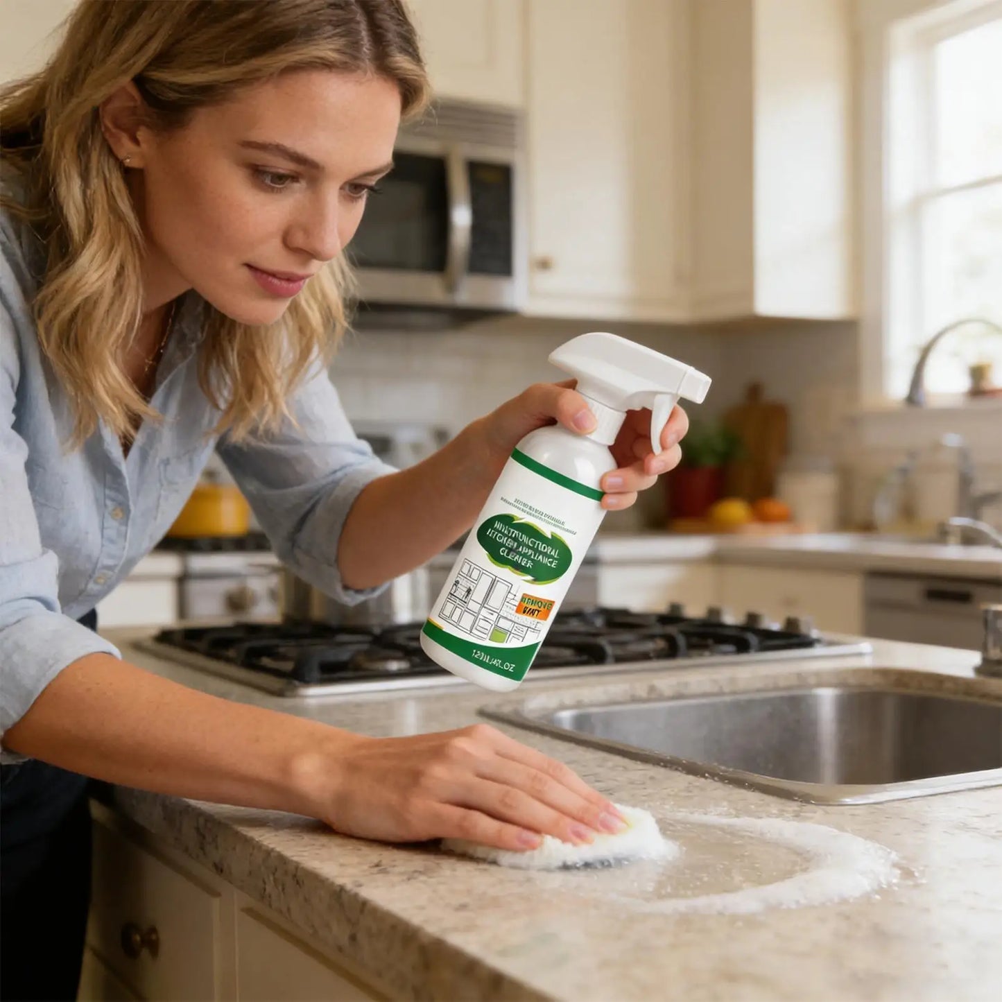 BackupMyFilesNow® Appliance Cleaner 120ml heavy-duty degreaser spray for kitchen appliances like oven, stove, microwave, sink, and countertops.