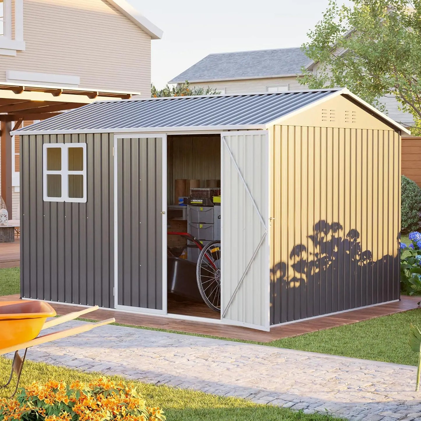 Dark gray 10x8ft outdoor storage shed with clear window, lockable doors, sloped roof, and floor for garden organization.