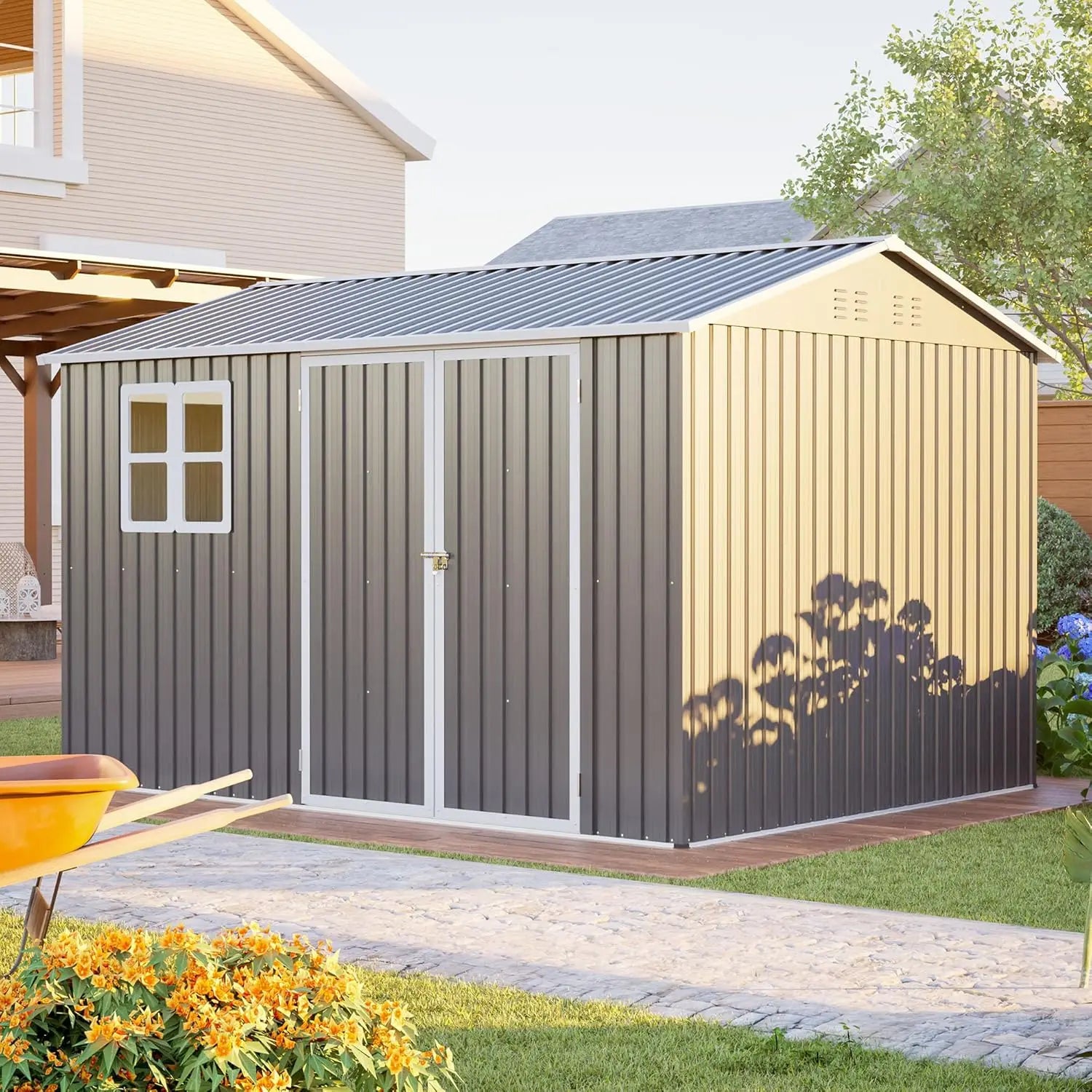 Dark gray 10x8FT outdoor storage shed with clear window, lockable doors, sloped roof, and floor for garden organization.