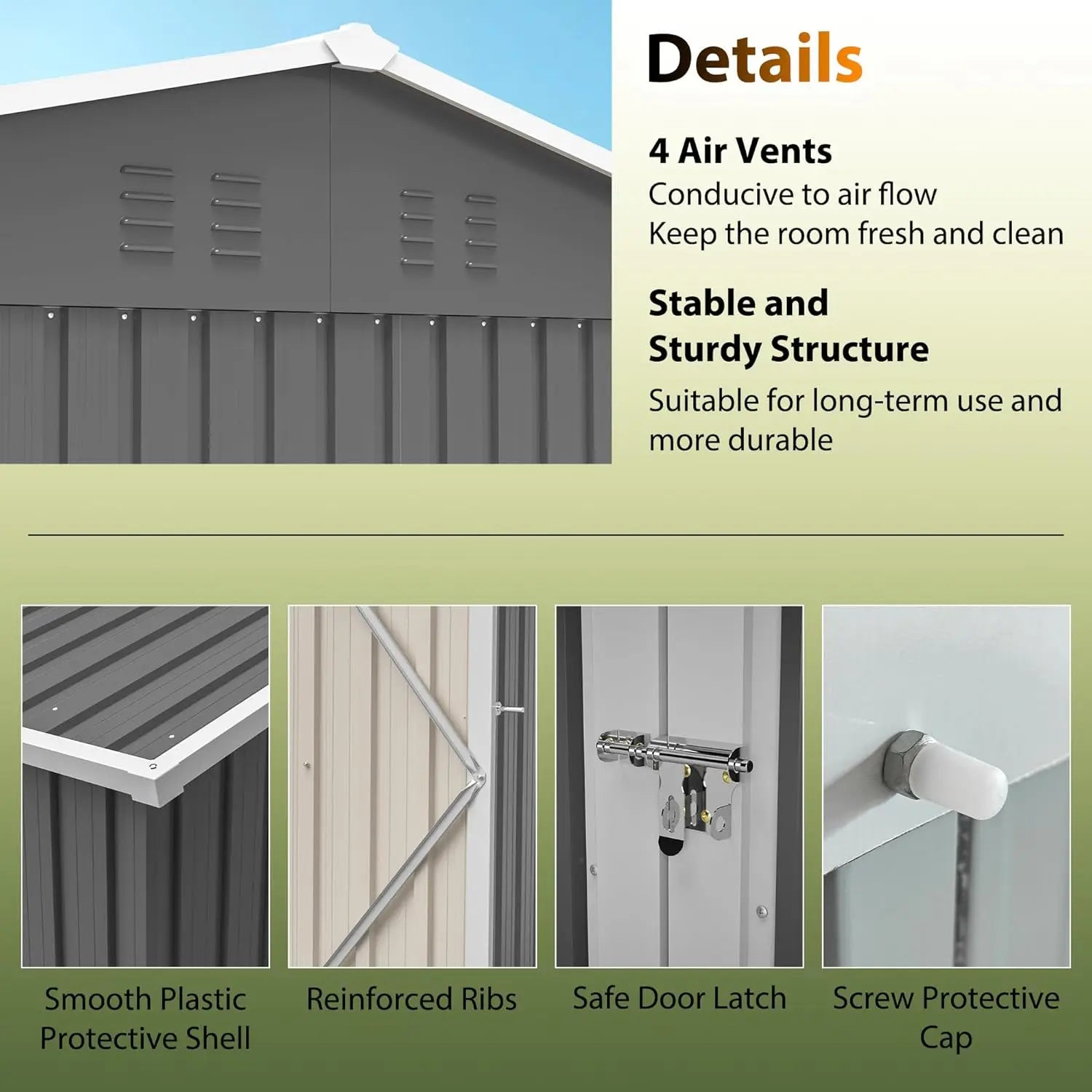 Dark gray 10x8ft outdoor storage shed with clear window, lockable doors, sloped roof, and floor, ideal for garden storage.