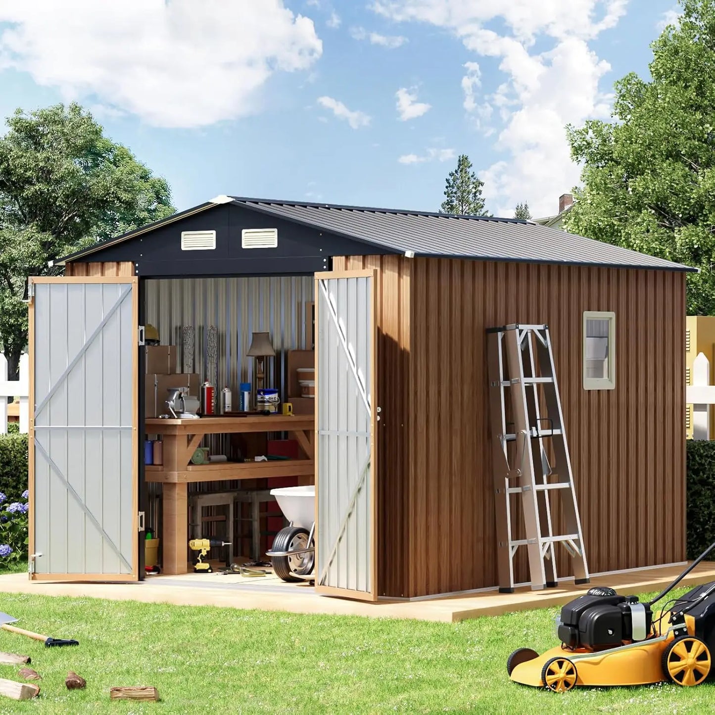 8x10 ft outdoor metal storage shed with double swing doors, clear windows, and frame floor, ideal for garden tool storage.