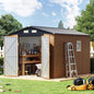 8x10 ft outdoor metal storage shed with double swing doors, clear windows, and frame floor, ideal for garden tool storage.