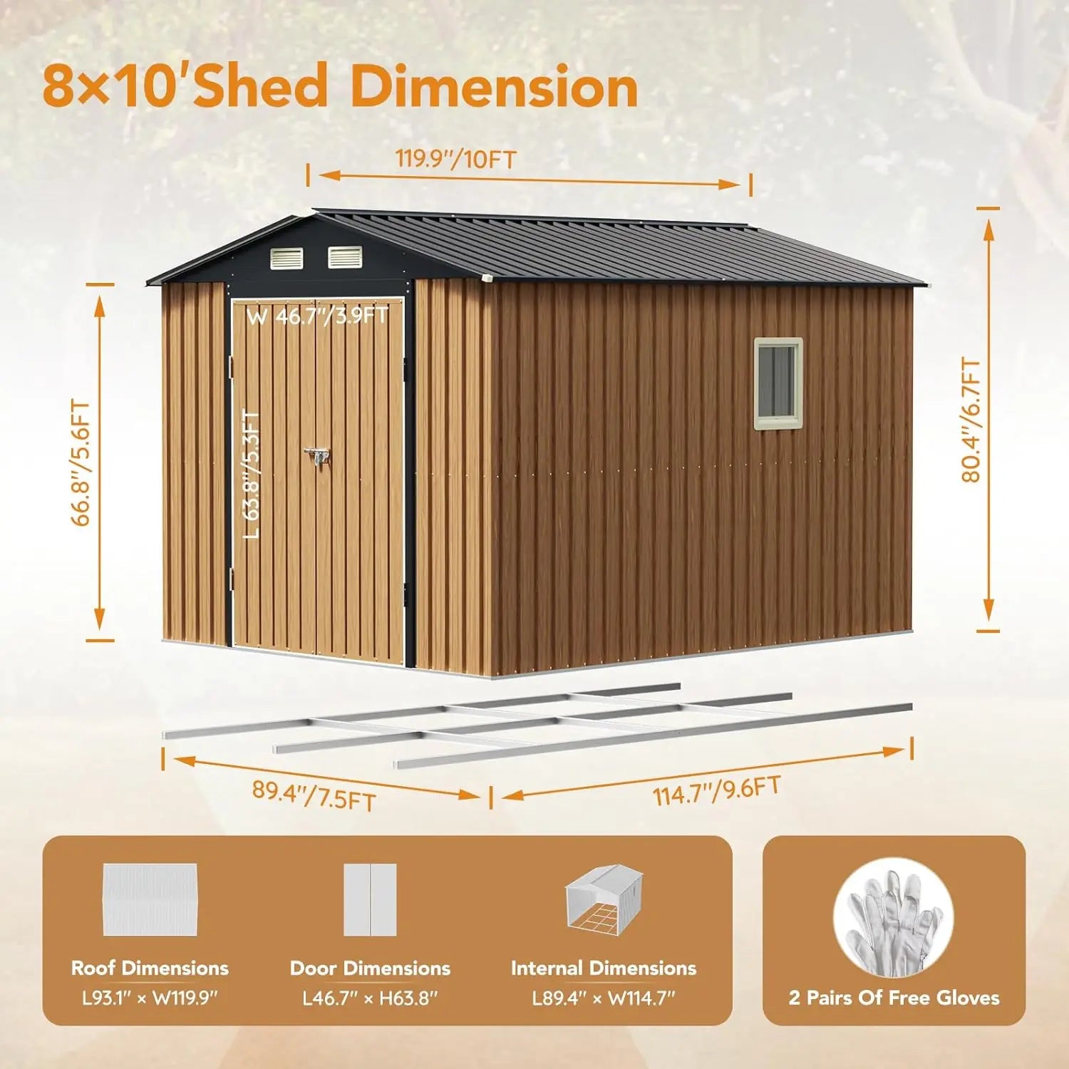 8x10 ft metal outdoor storage shed with double swing doors, clear windows, and frame floor, ideal for garden tool storage.