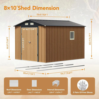 8x10 ft metal outdoor storage shed with double swing doors, clear windows, and frame floor, ideal for garden tool storage.