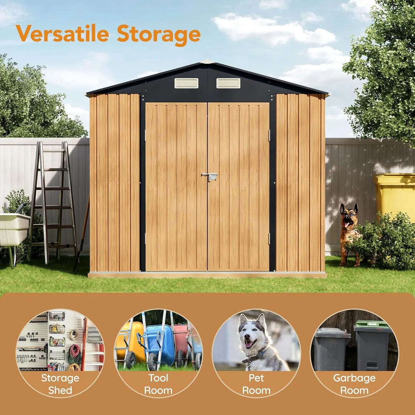 8x10 ft outdoor metal storage shed with double swing doors, clear windows, and a frame floor, ideal for garden tool storage.
