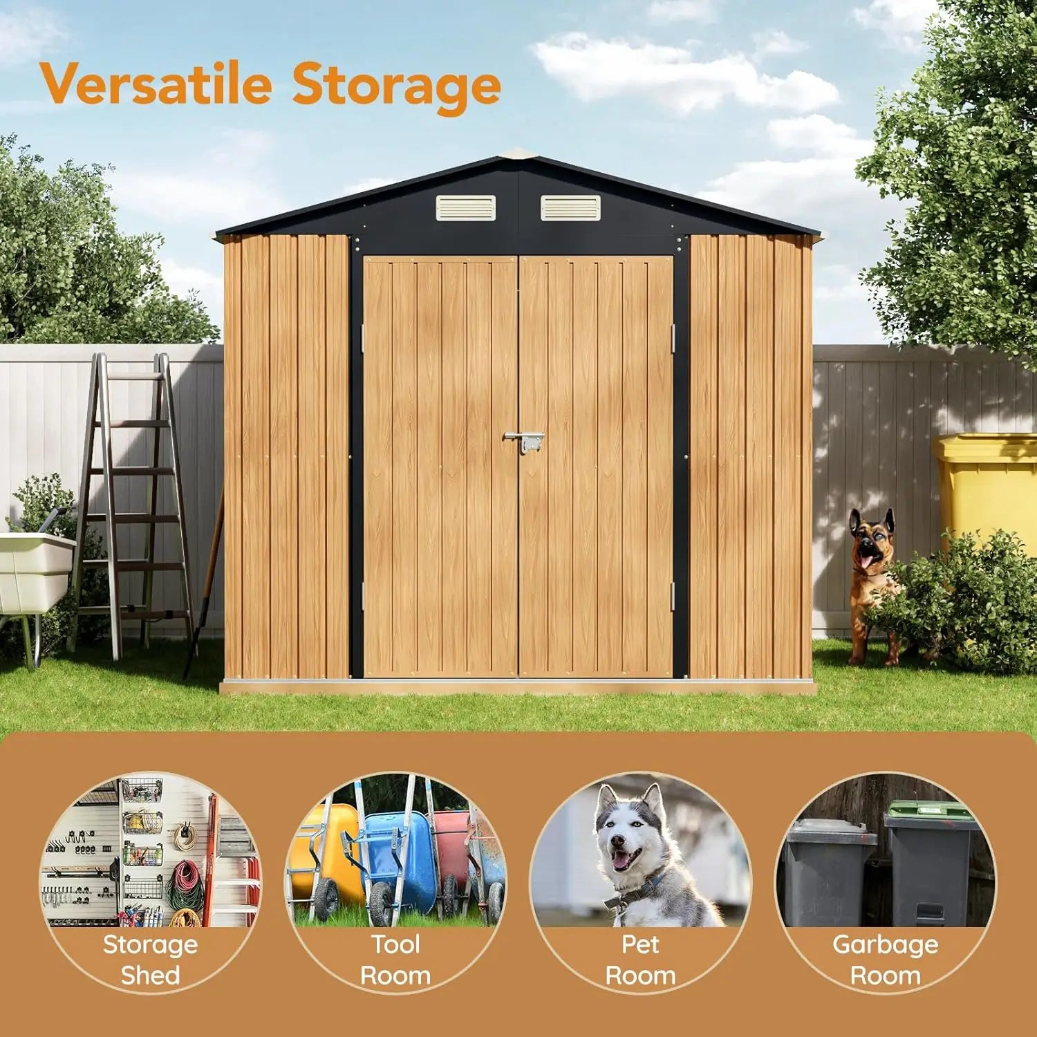 8x10 ft outdoor metal storage shed with double swing doors, clear windows, and a frame floor, ideal for garden tool storage.