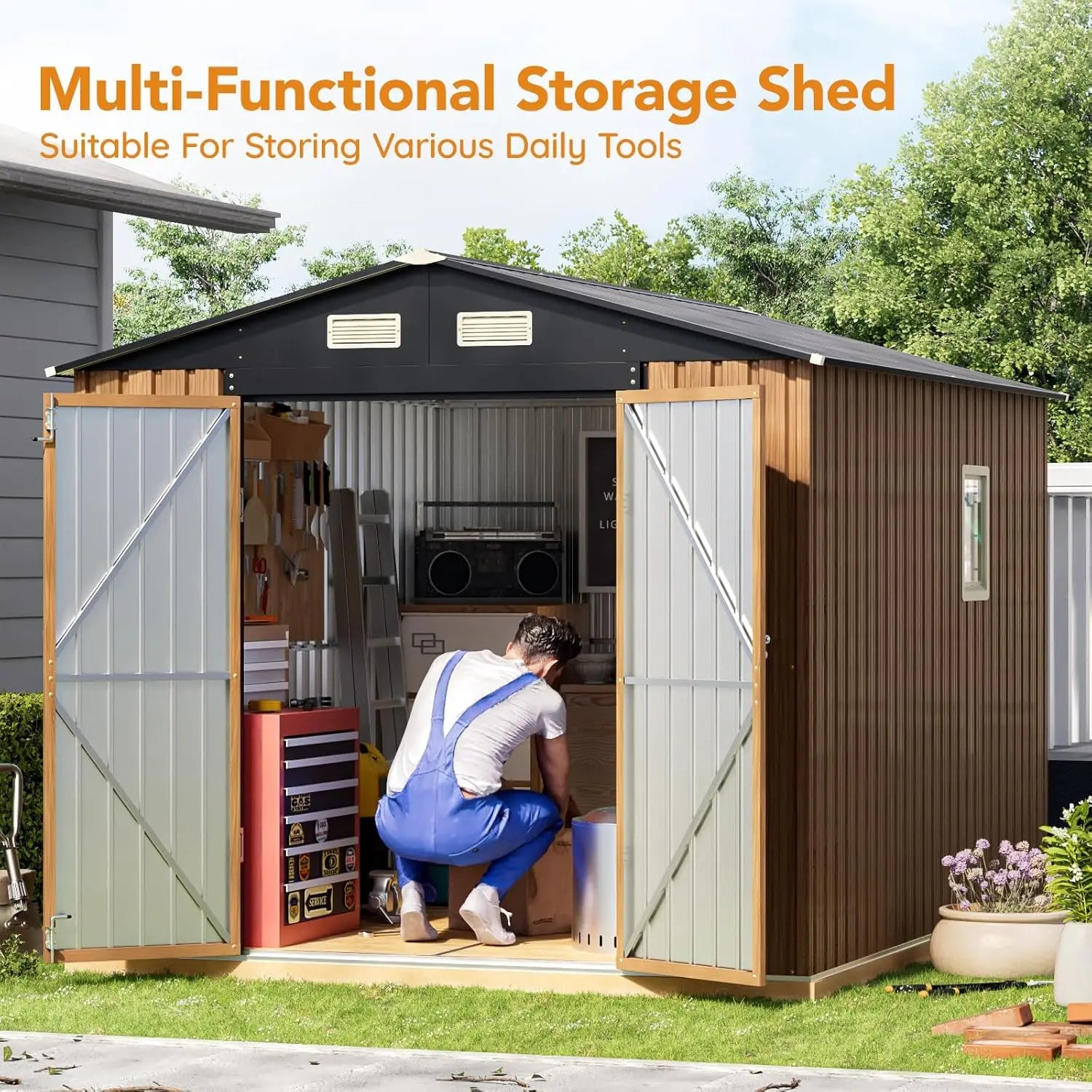 8x10 ft outdoor metal storage shed with double swing doors, clear windows, and frame floor, ideal for garden tool storage.
