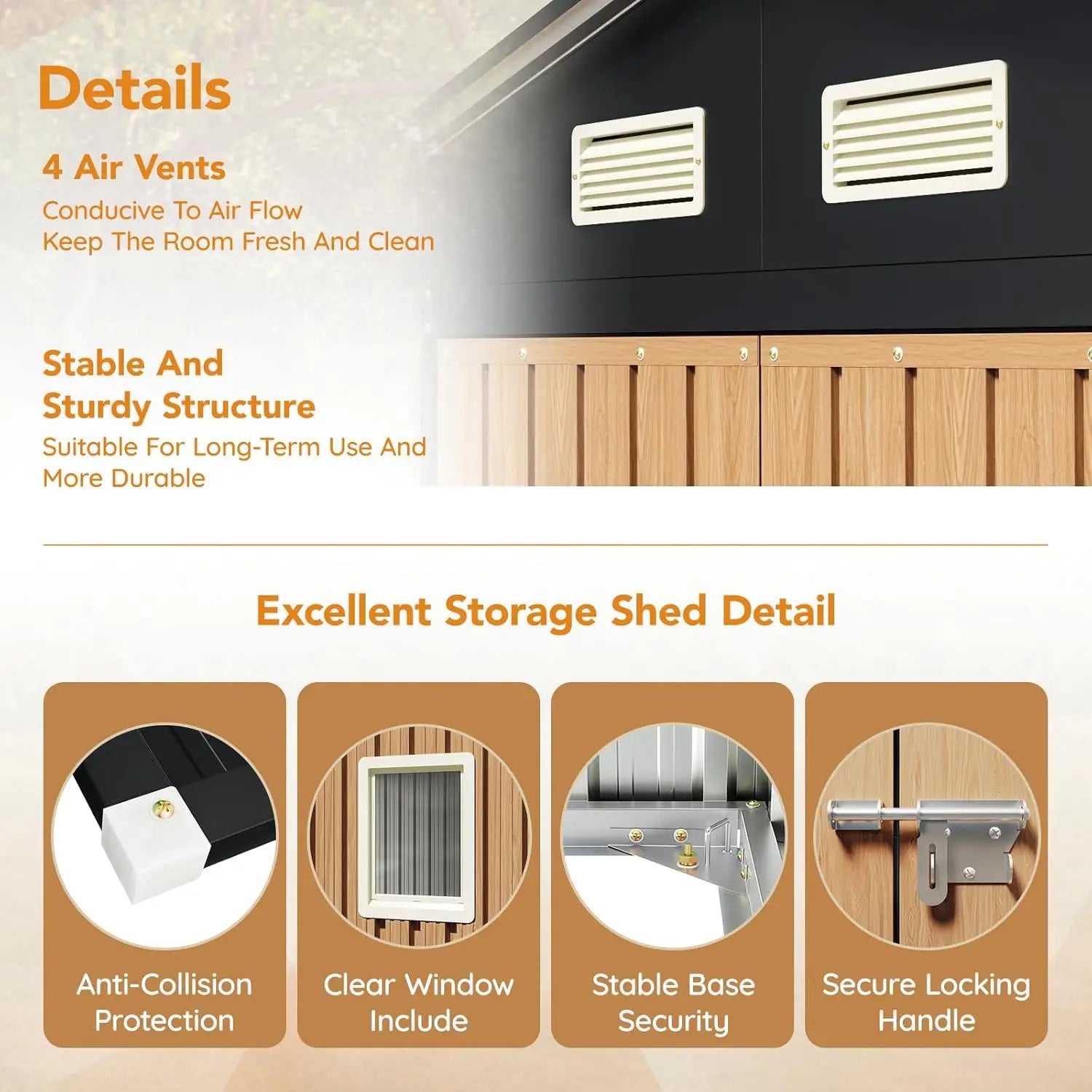 8x10 ft outdoor metal storage shed with double swing doors, clear windows, and frame floor for garden tool storage.