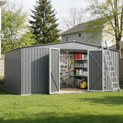 Grey 14x12ft metal outdoor storage shed with door and lock, waterproof and all-weather, by BACKUPMYFILESNOW.COM®.