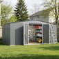 Grey 14x12ft metal outdoor storage shed with door and lock, waterproof and all-weather, by BACKUPMYFILESNOW.COM®.
