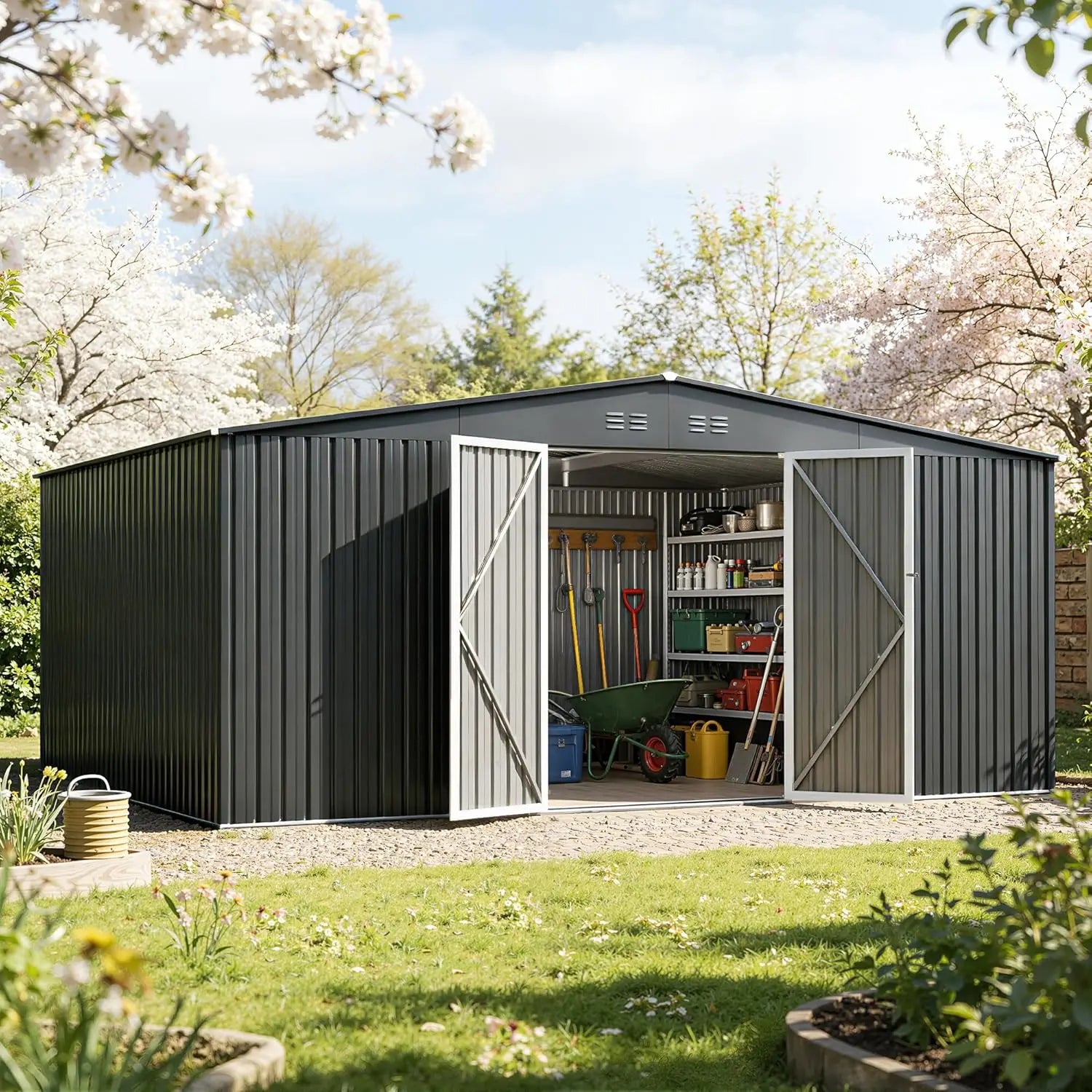 Dark grey 14x12ft outdoor metal storage shed with door and lock, waterproof all-weather outdoor storage from BACKUPMYFILESNOW.COM®