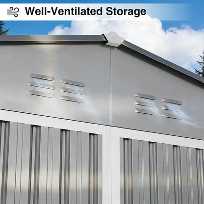Dark grey 14x12ft metal outdoor storage shed with door and lock, waterproof all-weather design by BACKUPMYFILESNOW.COM®.