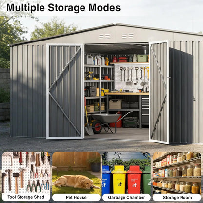 Grey 14x12ft metal outdoor storage shed with door and lock, waterproof and all-weather, from BACKUPMYFILESNOW.COM®