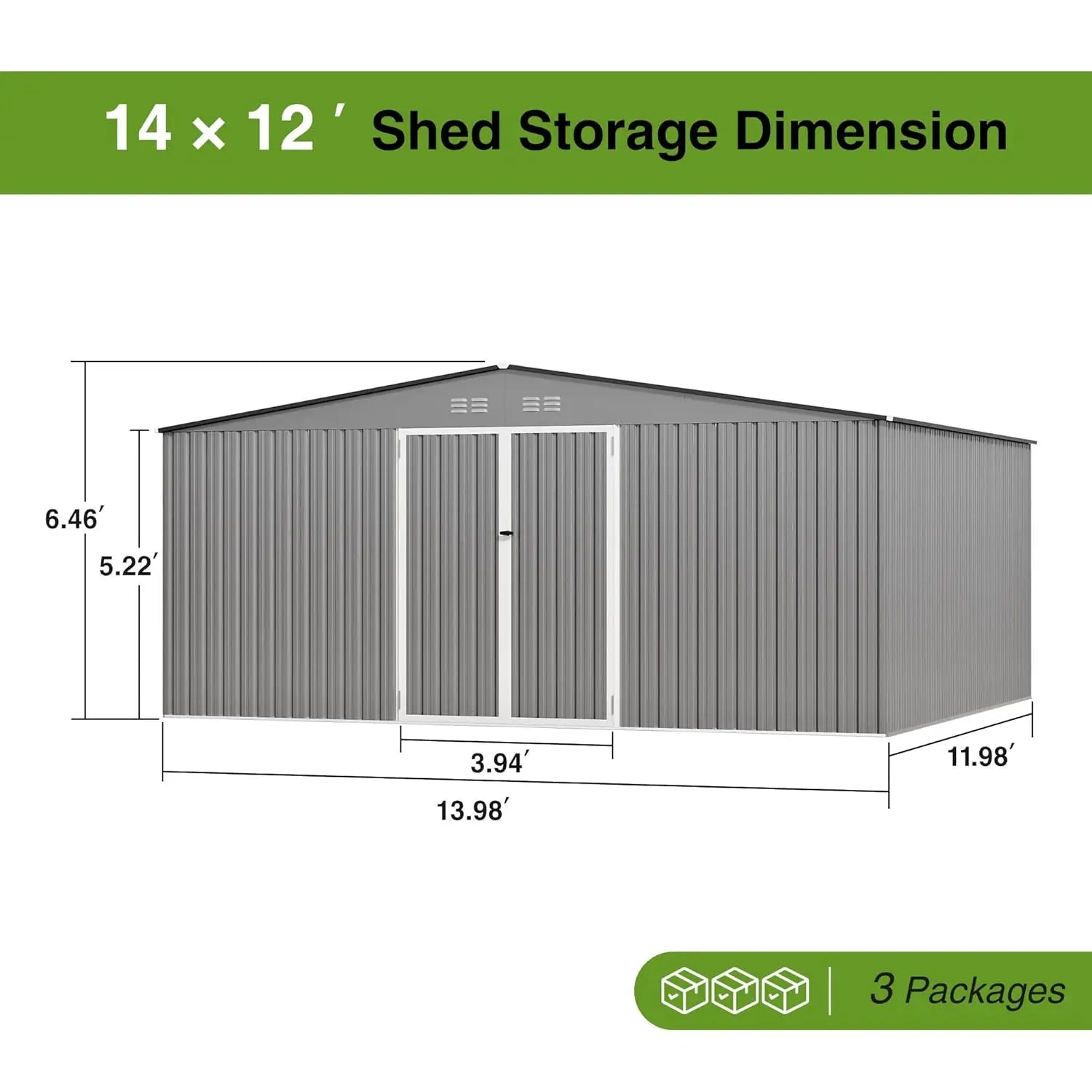 Grey metal outdoor storage shed with door and lock, 14x12ft, waterproof all-weather shed from BACKUPMYFILESNOW.COM®