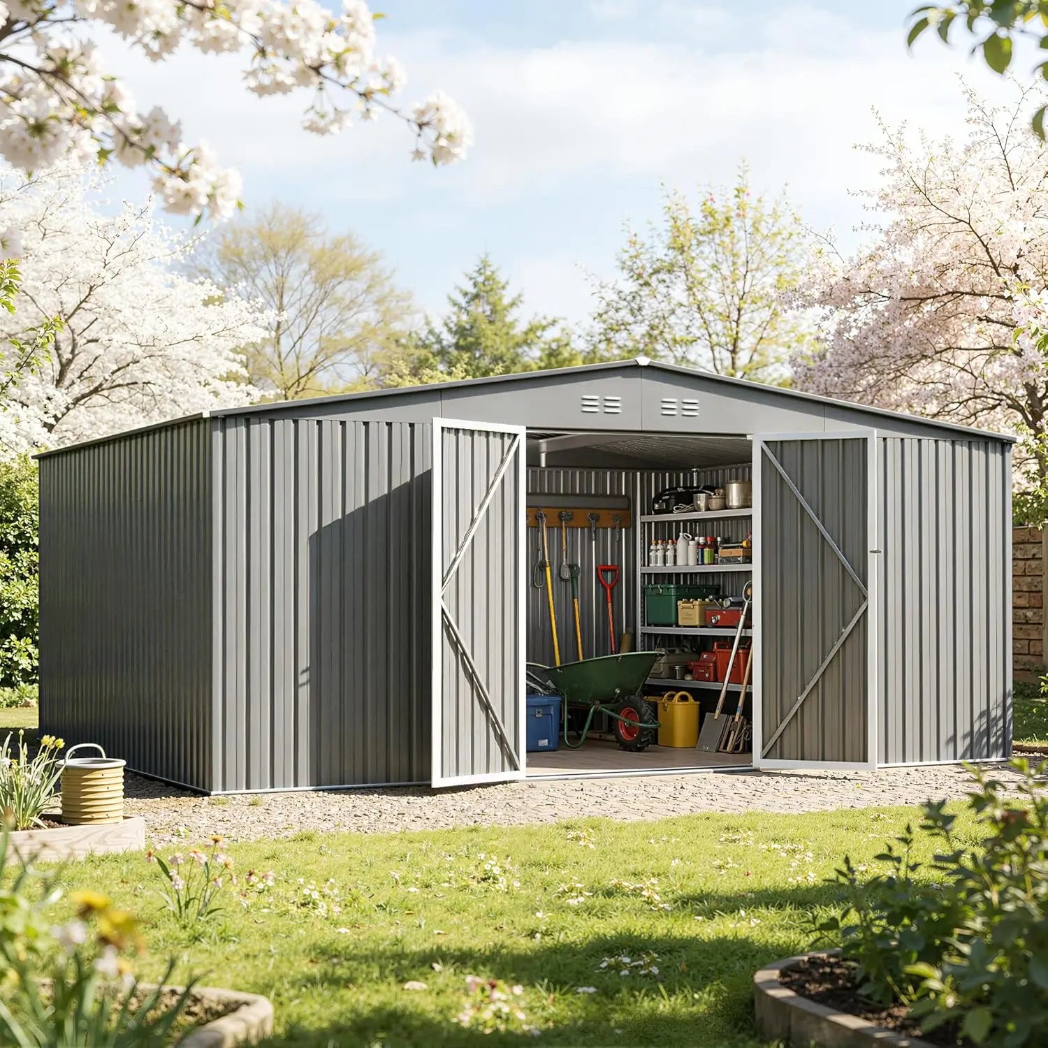 Grey metal outdoor storage shed, 14x12ft, waterproof with door and lock, all-weather durable storage solution.