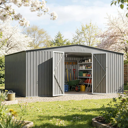Grey metal outdoor storage shed, 14x12ft, waterproof with door and lock, all-weather durable storage solution.