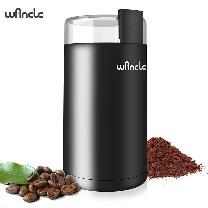 Black 200W high-power coffee grinder for home use, multifunctional kitchen appliance with 110V/220V options, compact design.