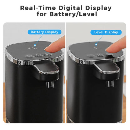 Black induction hand sanitizer dispenser with automatic foam soap, 400ml capacity, rechargeable bathroom hand washing machine.