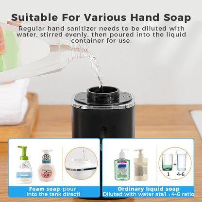 Black induction hand sanitizer dispenser with automatic foam soap pump, 400ml capacity, rechargeable bathroom hand washing machine.
