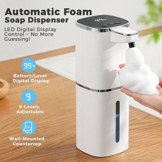White induction hand sanitizer dispenser with automatic foam soap, 400ml capacity, rechargeable bathroom hand washing machine.