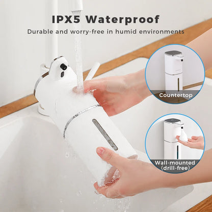 White induction hand sanitizer dispenser with automatic liquid soap and foam hand washing, 400ml capacity, rechargeable bathroom use