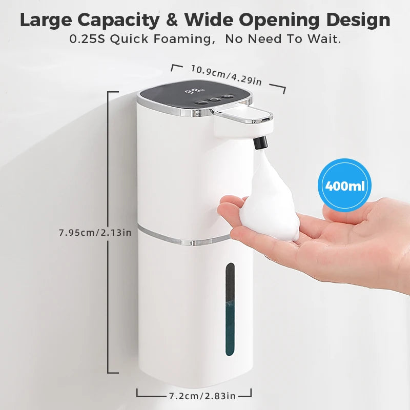 White induction hand sanitizer dispenser with automatic foam soap, 400ml capacity, rechargeable, suitable for bathroom use.