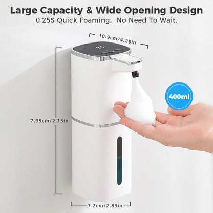 White induction hand sanitizer dispenser with automatic foam soap, 400ml capacity, rechargeable, suitable for bathroom use.